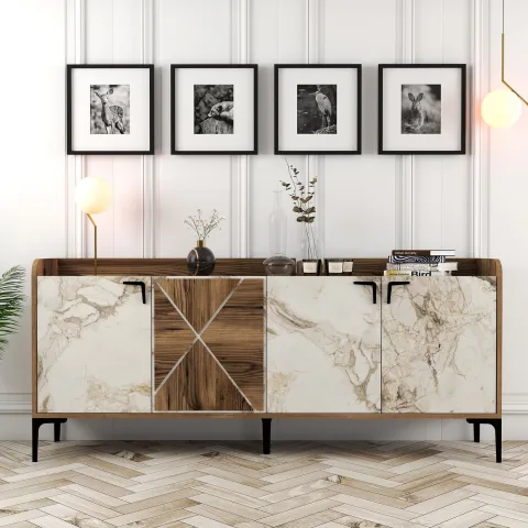 Dulap Tip Consola Venedik - Walnut, White Marble 180 X 78 X 35
