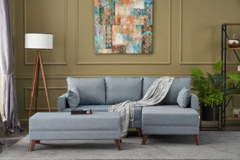 Canapea Tip Coltar cu Taburet Bella Soft Mini Köşe Right - Blue