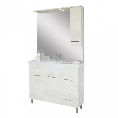 Baza cu 3 usi, 1 sertar, lavoar ceramic cm. 105 si oglinda cu dulapior, rovere bianco