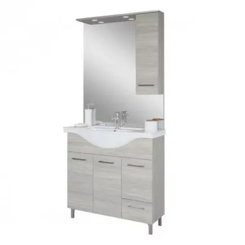 Baza cu 3 usi, 1 sertar, lavoar ceramic cm. 85 si oglinda cu dulapior, rovere grigio