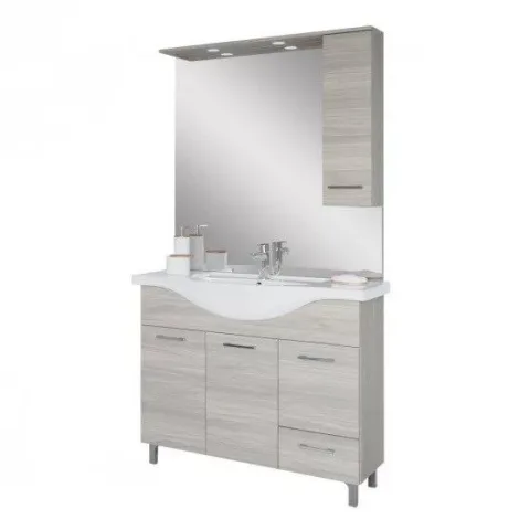 Baza cu 3 usi, 1 sertar, lavoar ceramic cm. 105 si oglinda cu dulapior, rovere grigio