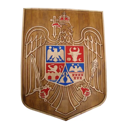 Noua stema a Romaniei, obligatorie de la 1 ianuarie 2019, sculptura in lemn masiv, 59x44.5 cm