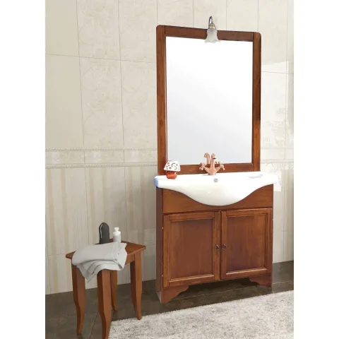 Baza cu 2 usi, lavoar ceramic cm. 86 si oglinda cu iluminare noce