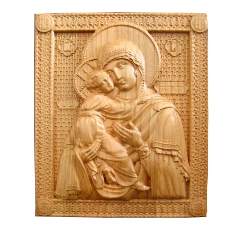 Icoana sculptata Maica Domnului, sculptura in lemn masiv, cires salbatic, 22x18.5 cm