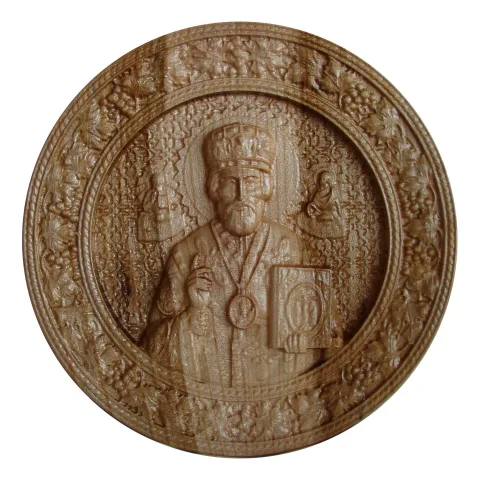 Icoana sculptata Sfantul Nicolae, Rotunda, diametru 25 cm.