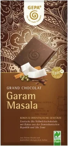 Ciocolata bio cu lapte, cocos si condimente orientale Garam Masala, 100g Gepa