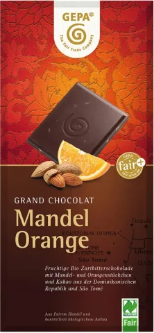 Ciocolata bio amaruie cu migdale si portocale, 100g Gepa