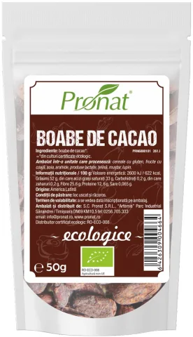 Boabe de cacao raw, bio, 50g Pronat