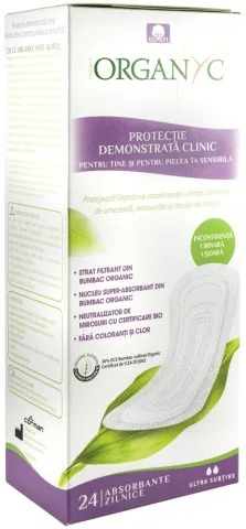 Absorbante Ultra subtiri pentru incontinenta, din bumbac organic, 24 buc Organyc
