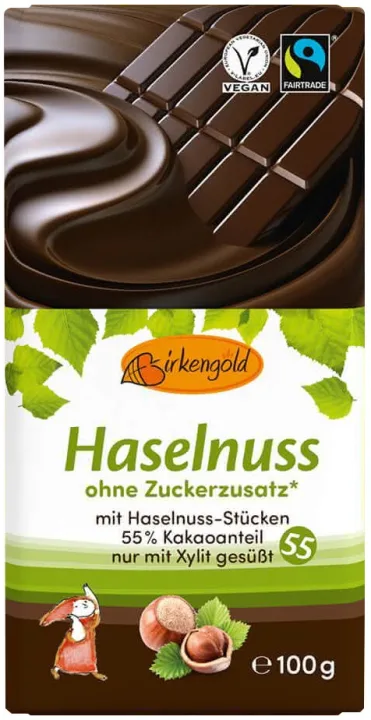 Ciocolata neagra cu alune fara adaos de zahar 55% cacao, 100g Birkengold