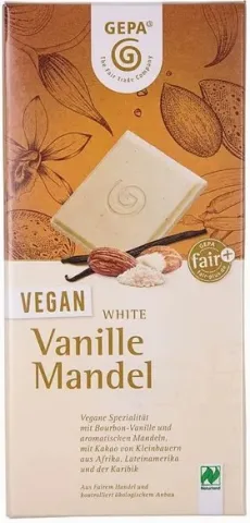 Ciocolata alba bio vegan cu vanilie si migdale, 100g Gepa