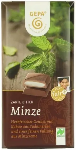 Ciocolata neagra amaruie, delicata, cu crema proaspata de menta, bio si fairtrade, 100g GEPA