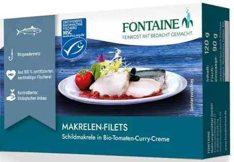 File de macrou fara piele in sos bio de rosii si curry, 125g Fontaine
