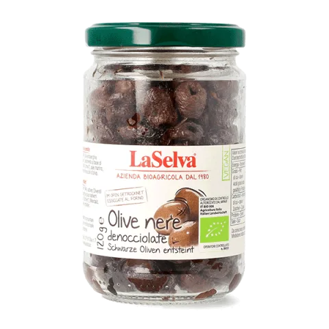 Masline negre bio, coapte fara samburi, 120g LaSelva