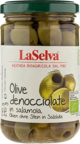 Masline verzi bio fara samburi în saramura, 295g LaSelva