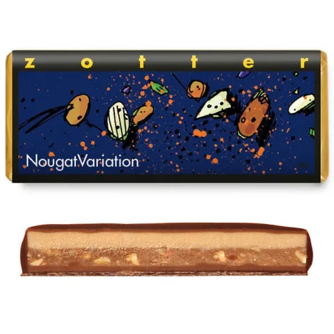 Bio & Fair ciocolata neagra cu lapte 60% cacao umpluta cu nuga de migdale si alune de padure, 70g Zotter