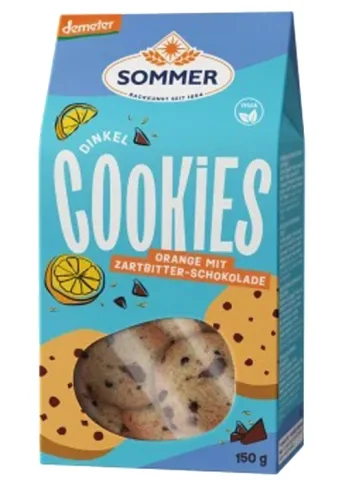 Biscuiti bio din grau spelta cu ciocolata amaruie si ulei de portocale, demeter, 150g Sommer