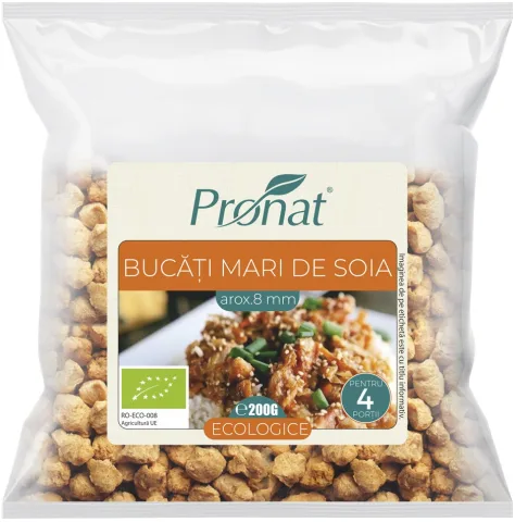 Bucati mari de soia bio (8mm), 200g proteina vegetala texturata TVP Pronat