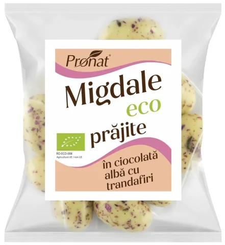 Migdale bio prajite, glazurate in ciocolata alba cu trandafiri, 50g Pronat