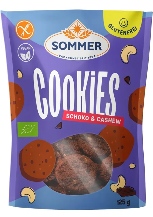 Biscuiti bio fara gluten cu ciocolata si caju, 125g Sommer
