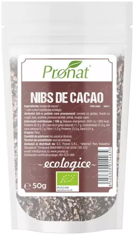 Nibs bio din samburi de cacao, 50g Pronat