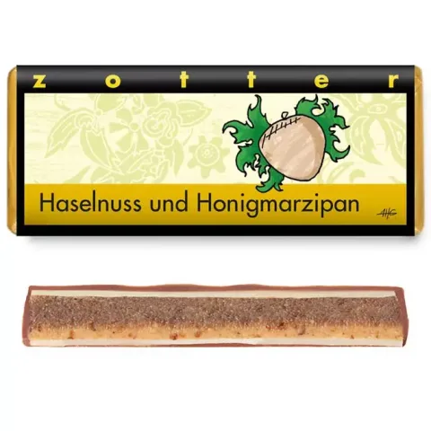 Bio & Fair ciocolata neagra cu lapte 50% cacao umpluta cu crema de alune, Haselnuss Marzipan, 70g Zotter