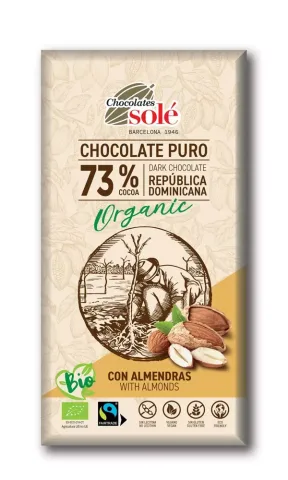 Ciocolata neagra bio 73% cacao, cu migdale, 150g Chocolates Sole