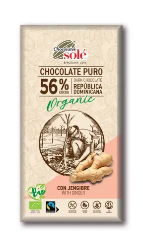 Ciocolata neagra bio cu ghimbir, 56% cacao, 100g Chocolates Sole