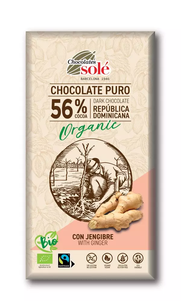 Ciocolata neagra bio cu ghimbir, 56% cacao, 100g Chocolates Sole