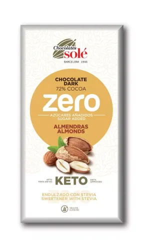 Ciocolata cu migdale indulcita cu stevie, minim 72% cacao, 100g Chocolates Sole