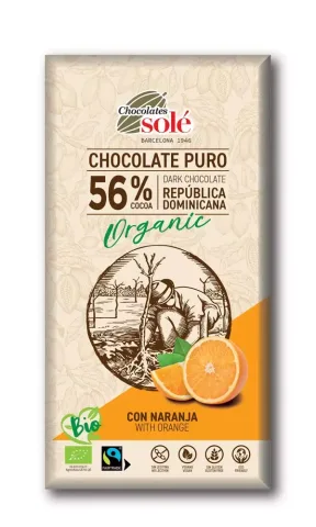 Ciocolata neagra bio cu portocale, 56% cacao, 100g Chocolates Sole