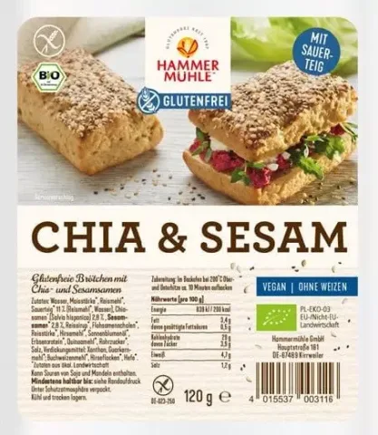 Chifle fara gluten cu seminte de chia si susan, 120g, Hammer Muhle
