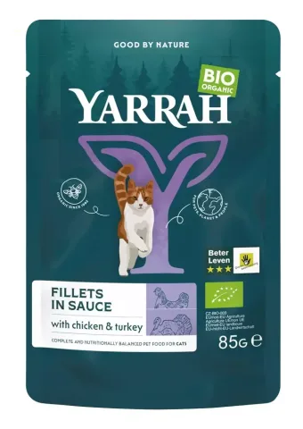 Hrana umeda bio pentru pisici, file cu carne de curcan in sos, 85g Yarrah