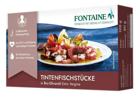 Bucăți de caracatita în ulei de masline bio extravirgin, 110g Fontaine