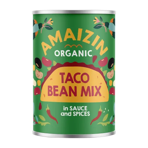 Mix bio de fasole pentru taco, în sos cu condimente, 400g Amaizin