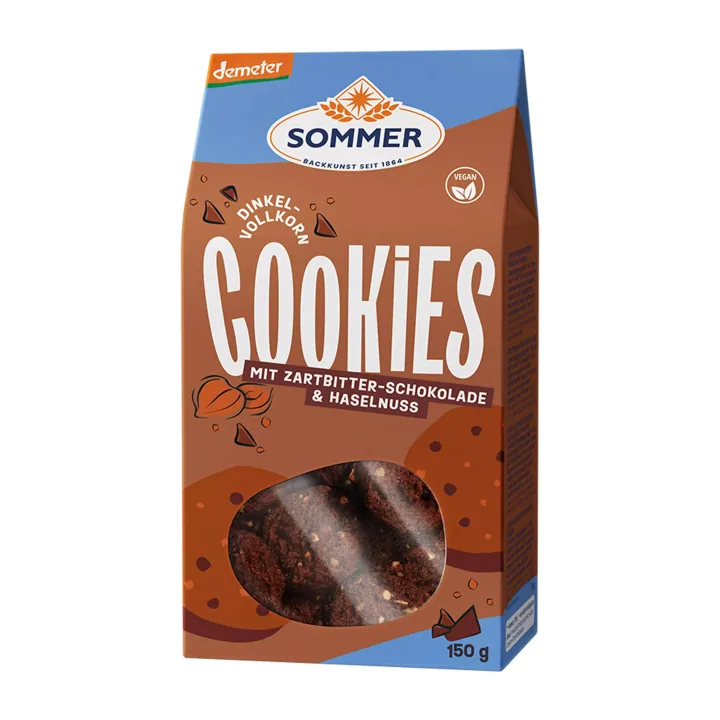 Biscuiti bio din faina de grau spelta cu ciocolata amaruie si alune, demeter, 150g Sommer