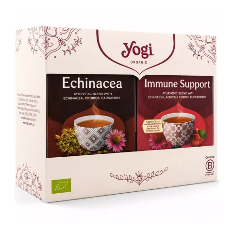 Pachet 1x Ceai Bio Sprijin Imunitar, 17 pliculețe x 1,8g (30,6g) + 1x Ceai Bio Echinacea, 17 pliculețe 30.6 g Yogi Tea