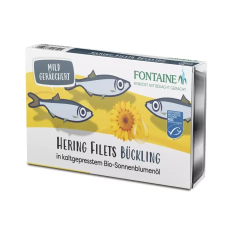 Delicatesa din file de hering afumat, in ulei bio de floarea soarelui, 190g Fontaine