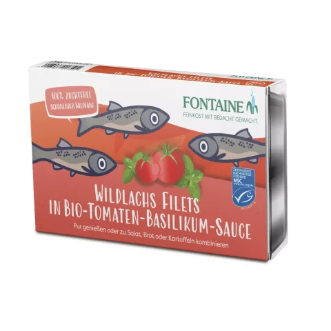 File de somon salbatic in sos de rosii bio si sos de busuioc, 200g Fontaine