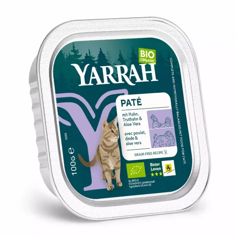 Hrana umeda bio pentru pisici, pate cu carne de pui si curcan cu aloe vera, 100g Yarrah