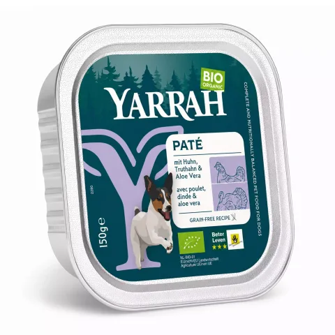 Hrana umeda bio pentru caini, pate cu pui, curcan si aloe vera, 150g Yarrah