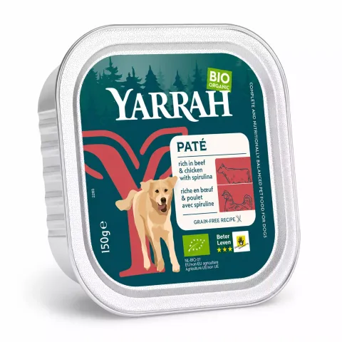 Hrana umeda bio pentru caini, pate cu vita si spirulina, 150g Yarrah