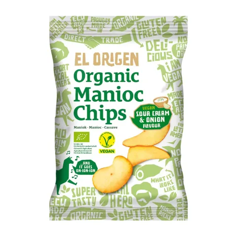 Chipsuri bio de Manioc cu aromă de smântână vegană și ceapă, 60g El Origen