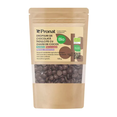 Dropsuri bio de ciocolată îndulcite cu zahăr de cocos, 150g Pronat