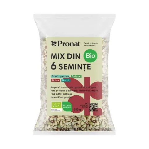 Mix bio din 6 seminte pentru salate, paine, musli 250g Pronat