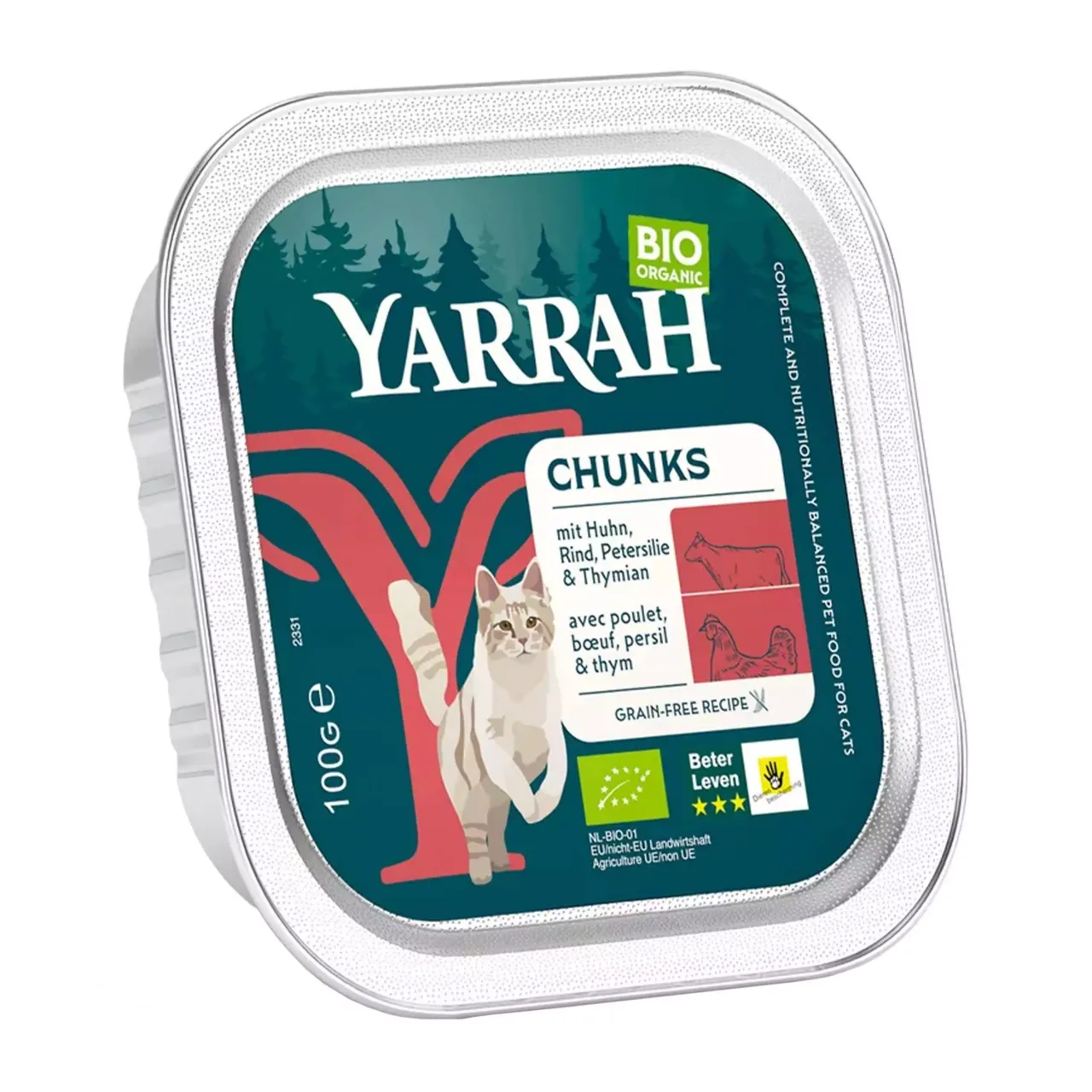 Hrana umeda bio pentru pisici cu carne de pui, vita, patrunjel si cimbru, 100g Yarrah