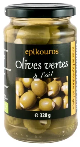 Masline verzi bio umplute cu usturoi in saramura, 320g Epikouros