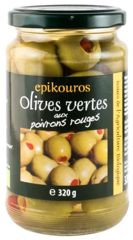 Masline verzi bio umplute cu ardei rosu, in saramura, 320g Epikouros