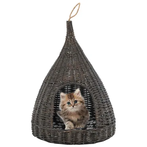 vidaXL Casă de pisici cu pernă, gri, 40x60 cm, salcie naturală, teepee