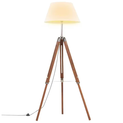vidaXL Lampă de podea trepied, maro miere și alb, 141 cm, lemn de tec